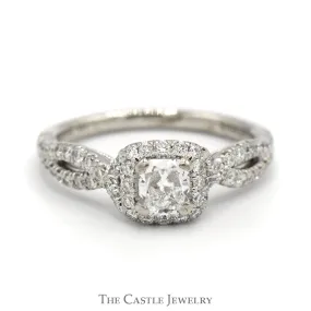 1.02cttw Princess Cut Diamond Engagement Ring with Diamond Halo and Accented Twisted Sides in 14k White Gold