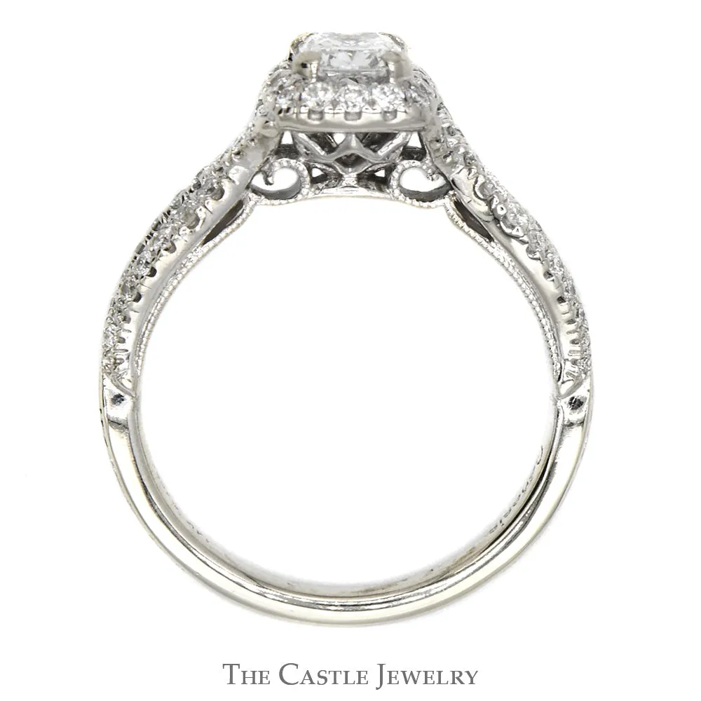 1.02cttw Princess Cut Diamond Engagement Ring with Diamond Halo and Accented Twisted Sides in 14k White Gold