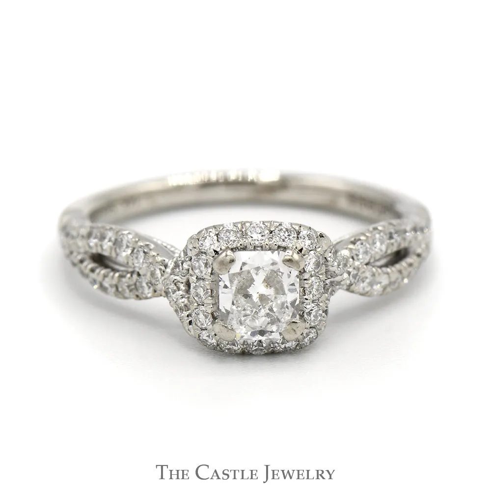 1.02cttw Princess Cut Diamond Engagement Ring with Diamond Halo and Accented Twisted Sides in 14k White Gold