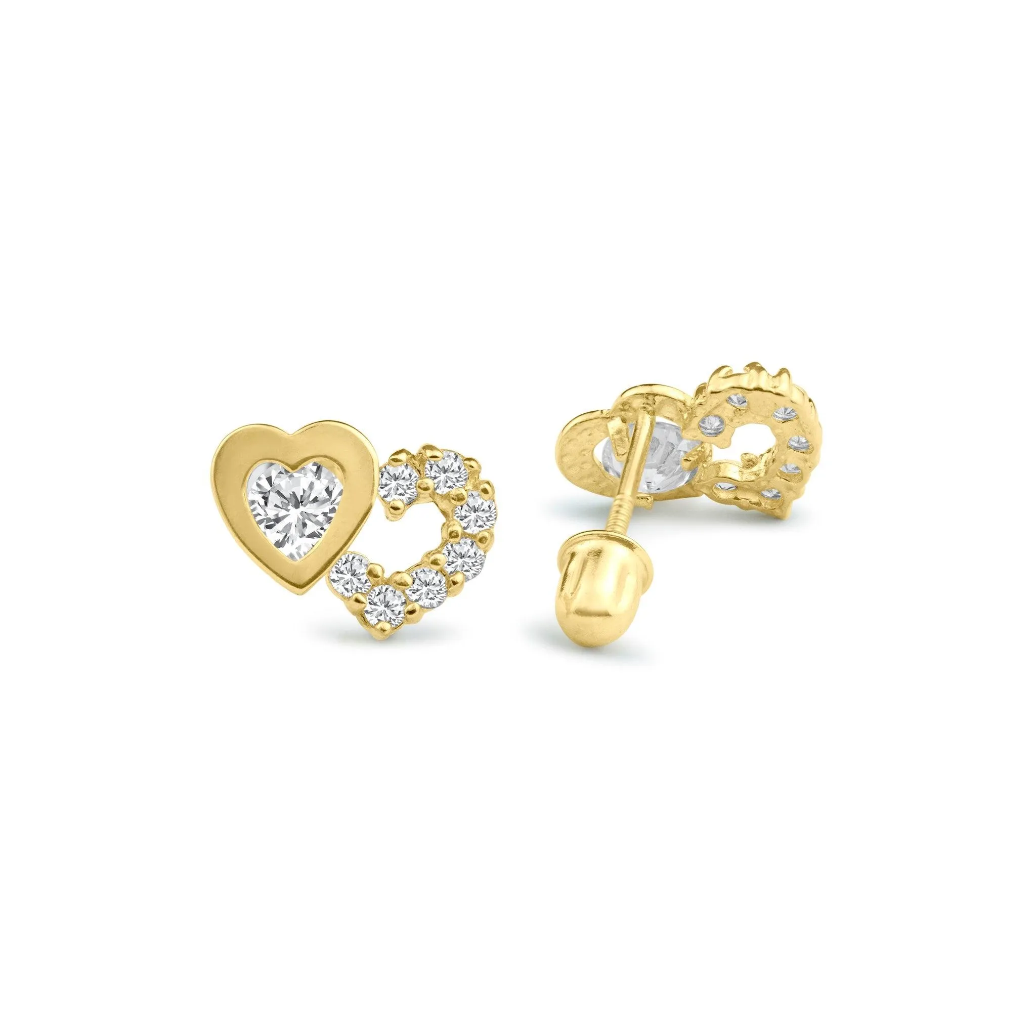 14E00088. - 14 Karat Yellow Gold Two Hearts Clear Heart CZ Screw Back Stud Earring