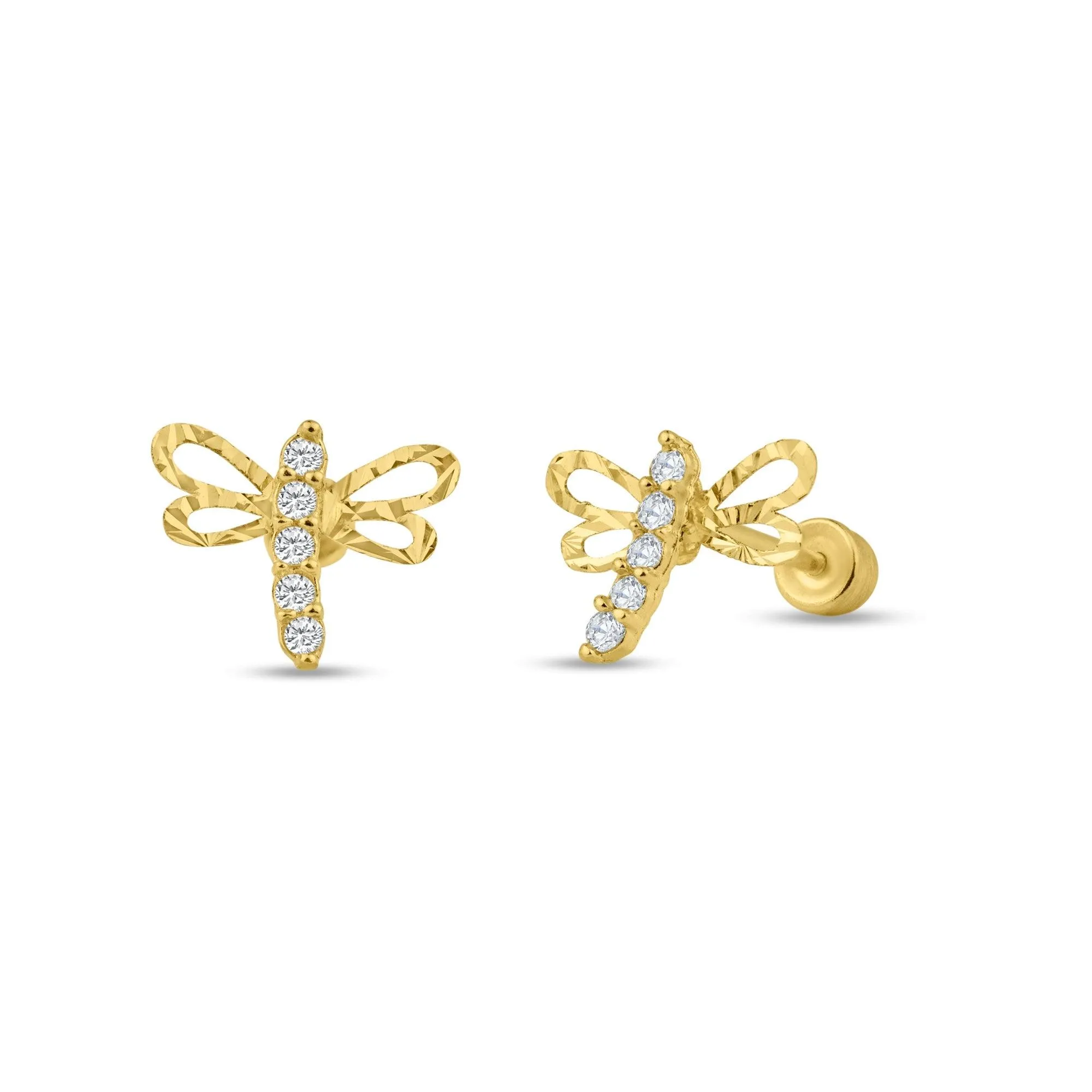 14E00127. - 14 Karat Yellow Gold Dragonfly CZ Screw Back Stud Earring