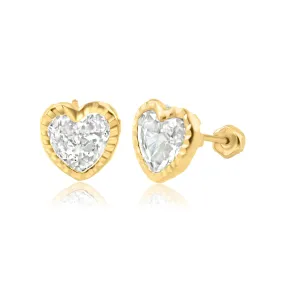 14E00268. - 14 Karat Yellow Gold Diamond Cut Heart Stud Screw Back Earring