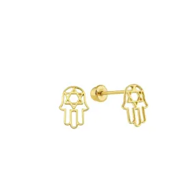 14E00314. - 14 Karat Yellow Gold Hamsa Hand Star Of David Screw Back Stud Earring