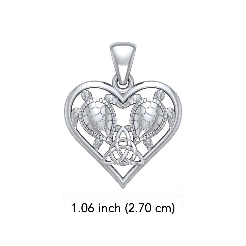 14K White Gold Sea Turtles with Celtic Triquetra in Heart Pendant WPD5211