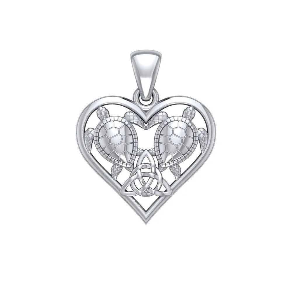 14K White Gold Sea Turtles with Celtic Triquetra in Heart Pendant WPD5211