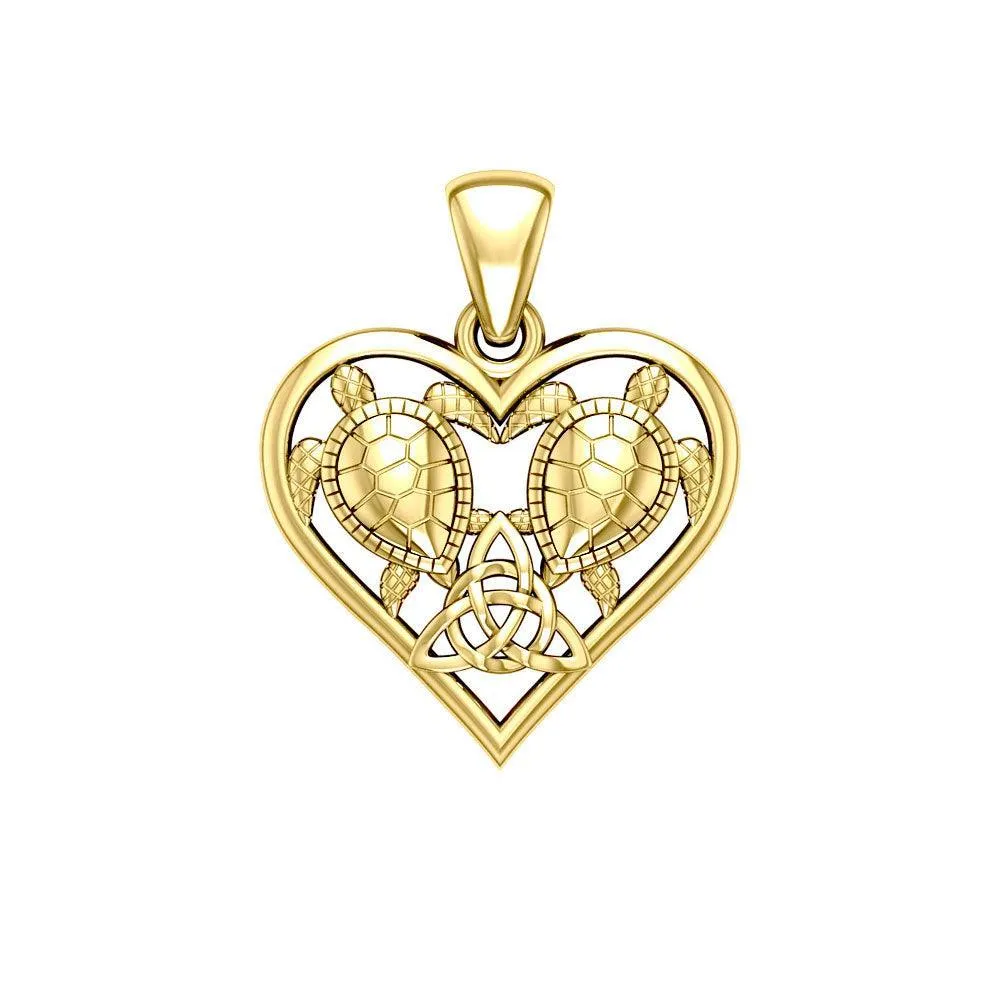 14K Yellow Gold Sea Turtles with Celtic Triquetra in Heart Pendant GPD5211