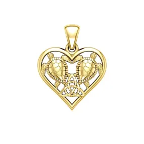 14K Yellow Gold Sea Turtles with Celtic Triquetra in Heart Pendant GPD5211