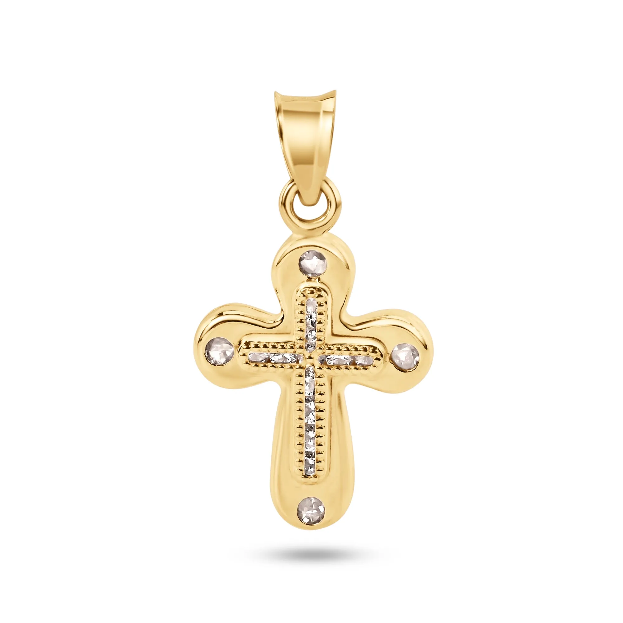 14P00111. - 14 Karat Yellow Gold Beaded Cross Clear CZ Pendant