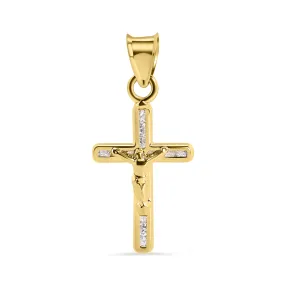 14P00147. - 14 Karat Yellow Gold Cross Jesus Christ Clear CZ Pendant