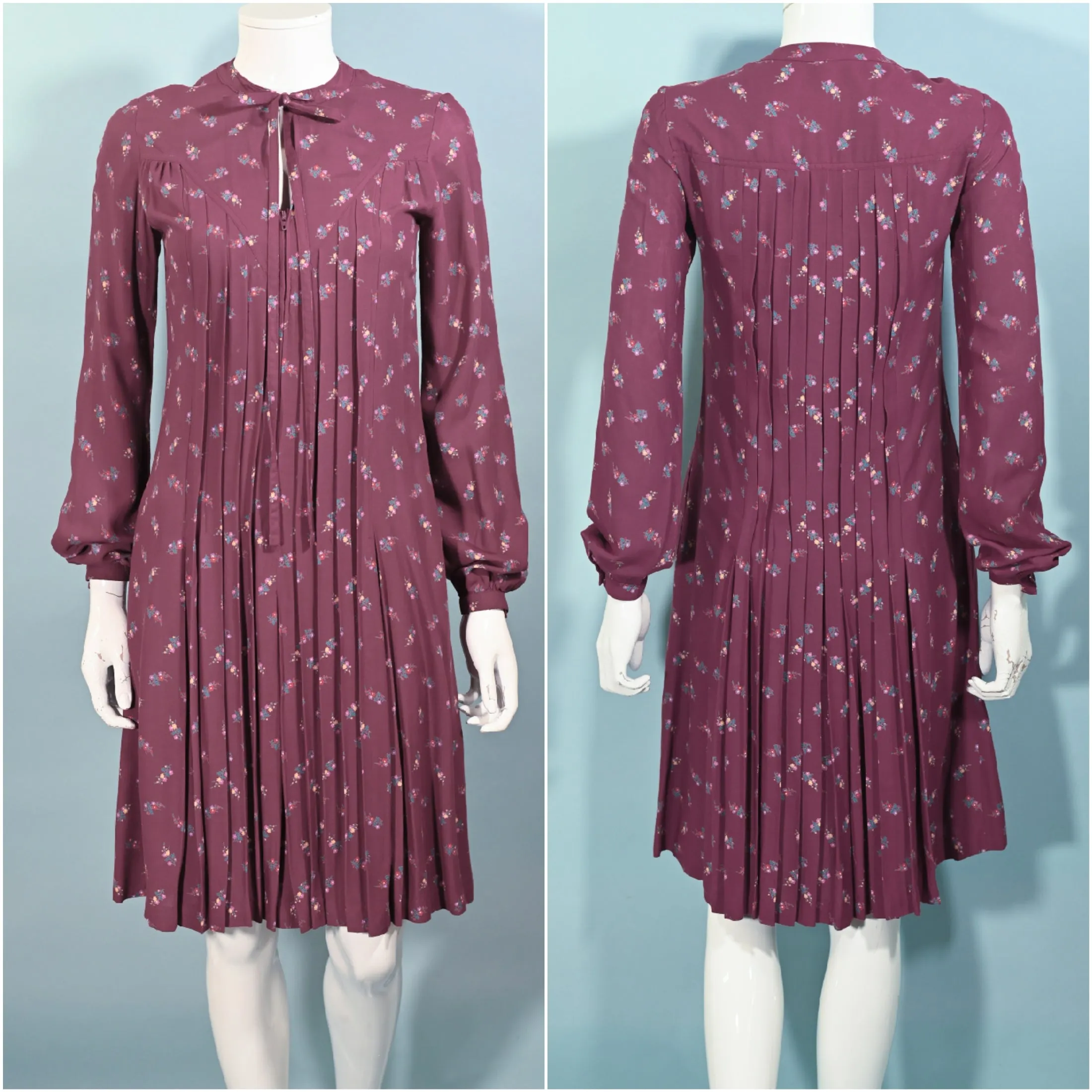 70s Nipon Boutique Floral Dress, Pleated Dark Academia Dress S