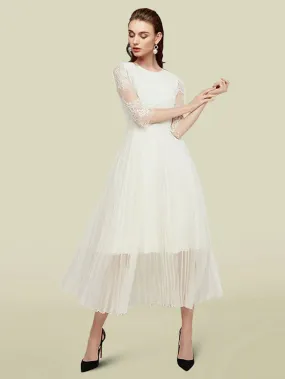 A-Line Mother of the Bride Dress Elegant Jewel Neck Tea Length Chiffon Lace Half Sleeve with Appliques