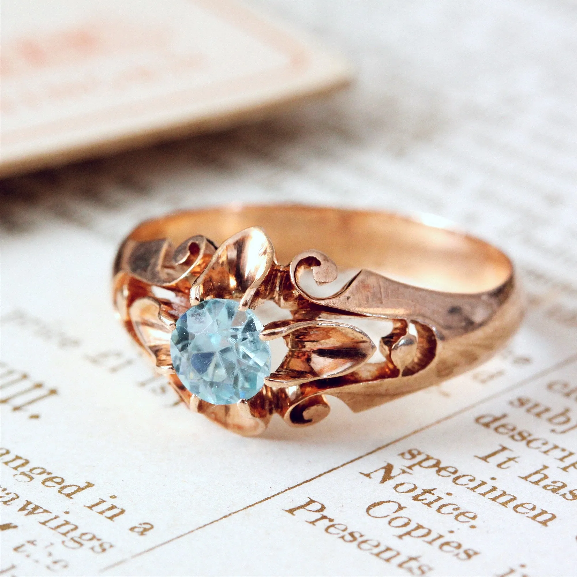 Antique Hand Carved Rose Gold Topaz Ring