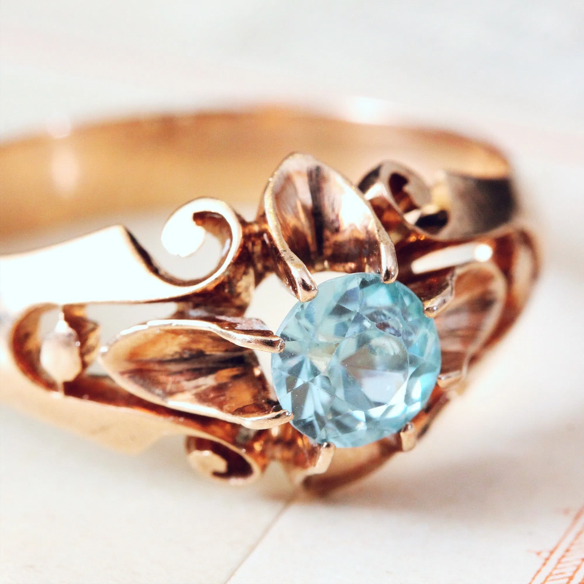 Antique Hand Carved Rose Gold Topaz Ring