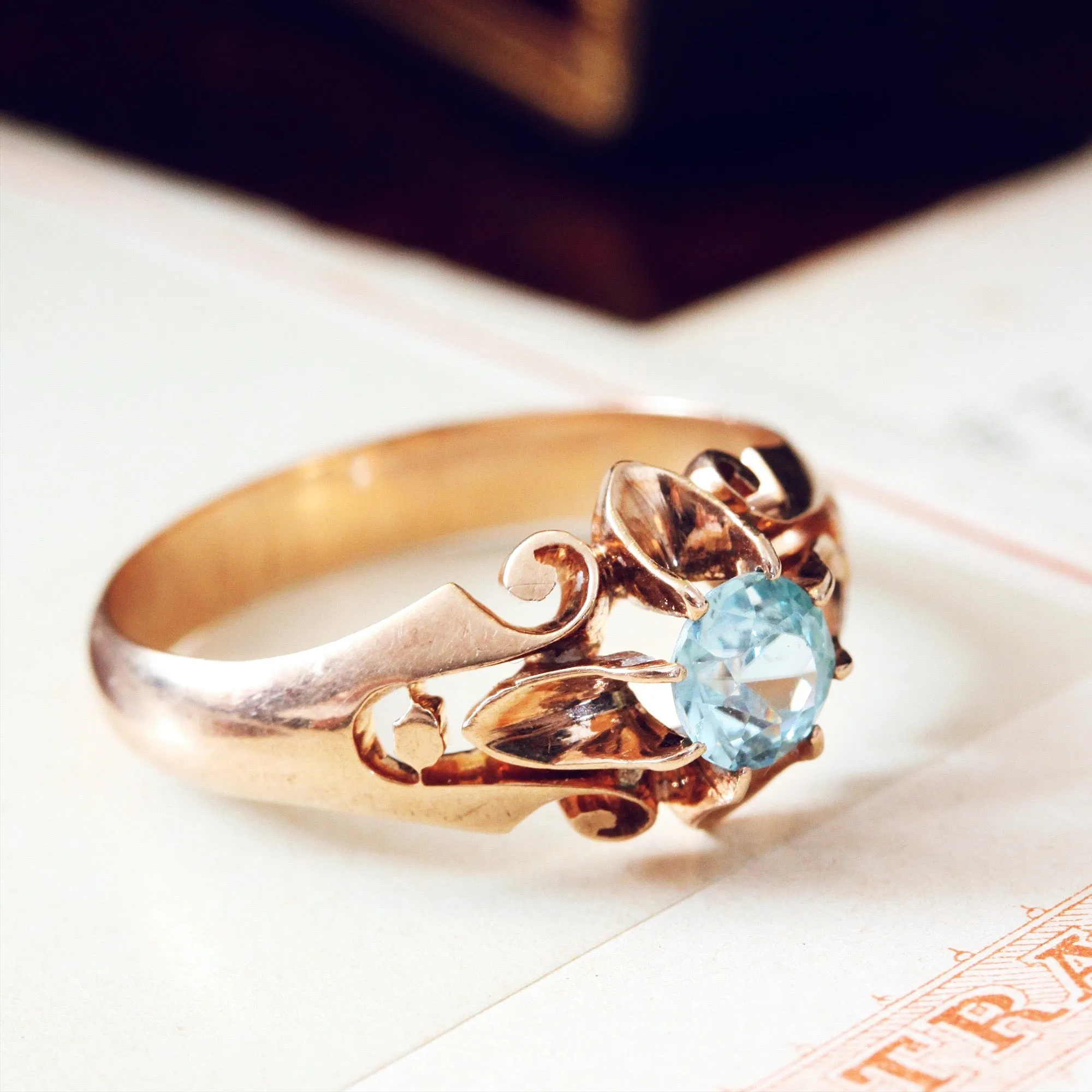 Antique Hand Carved Rose Gold Topaz Ring