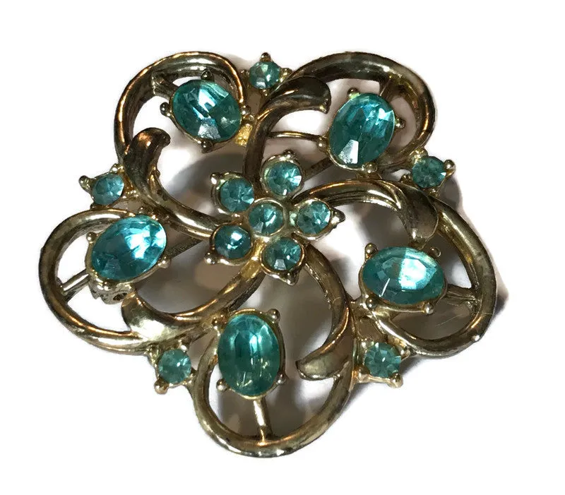 Aqua Rhinestone Scalloped Brooch circa 1960s