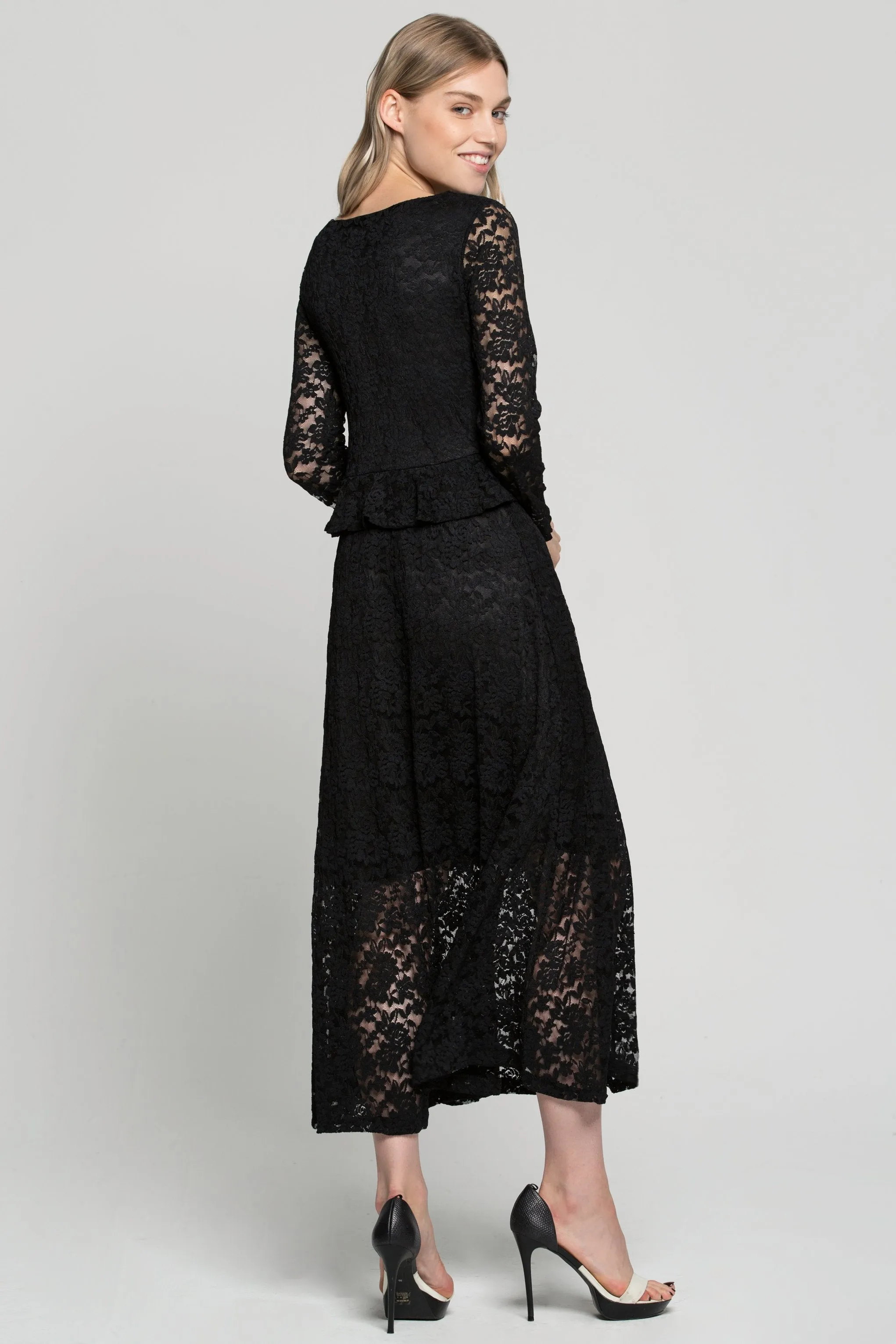 Black Floral Lace Peplum Maxi Dress