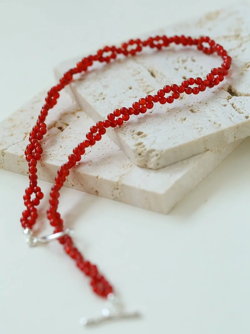 Braided Double Red Black Onyx Beaded Choker