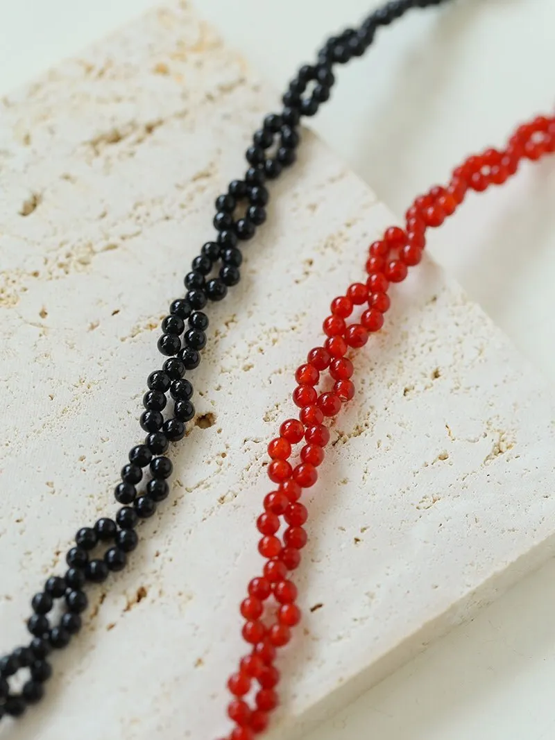 Braided Double Red Black Onyx Beaded Choker