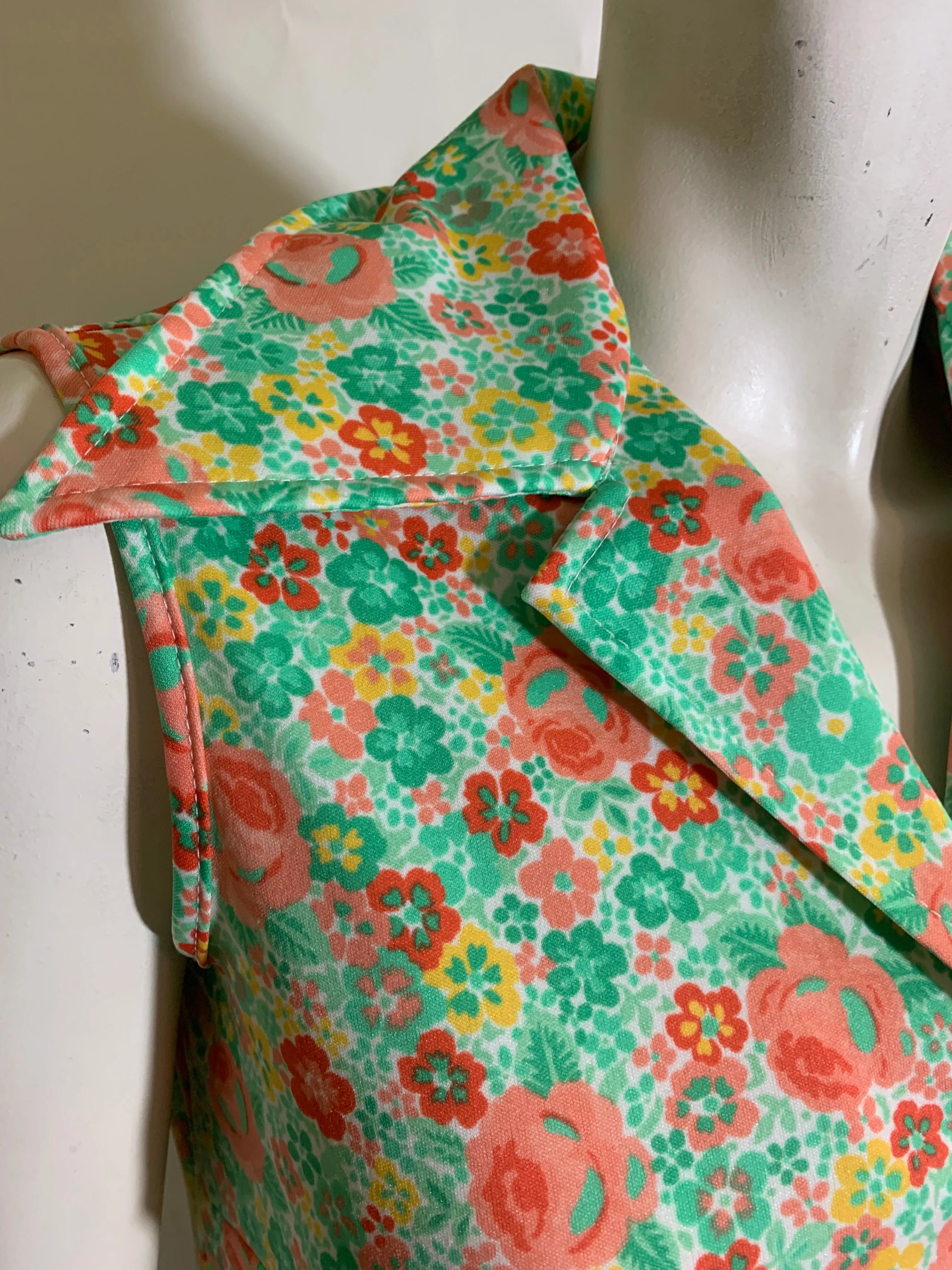 Bright Orange and Green Floral Polyester Sleeveless  Blouse circa 1970s