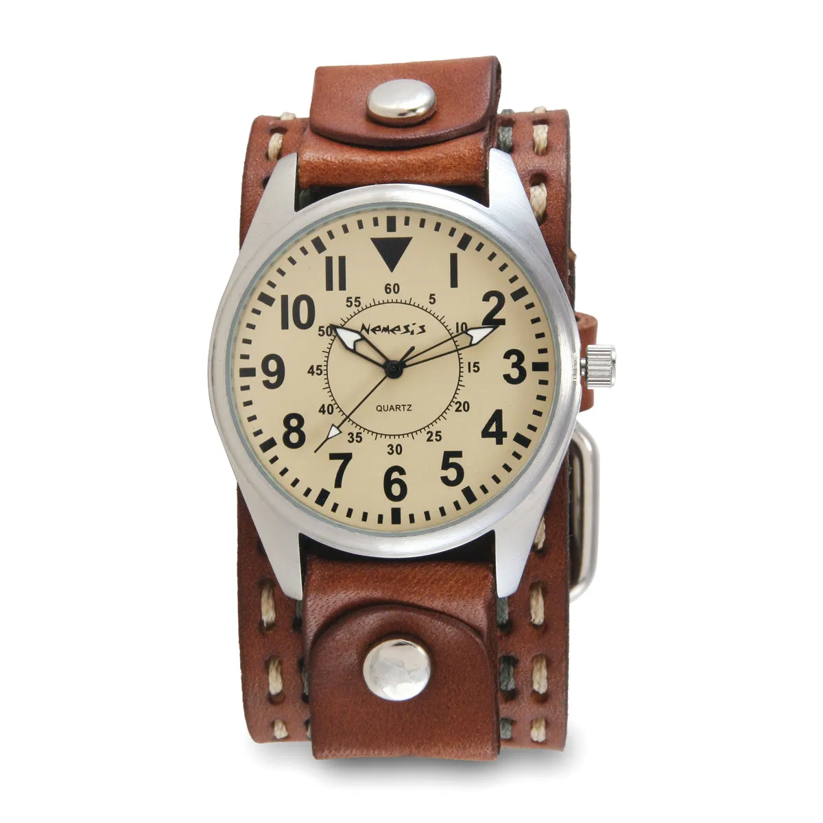 Classic Yellow Watch with Double White/Grey Stitched Brown Leather Cuff Bdst098Y