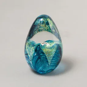 Dichroic Egg Aqua Passion Flower Handblown Glass Paperweight by Glass Eye Studio