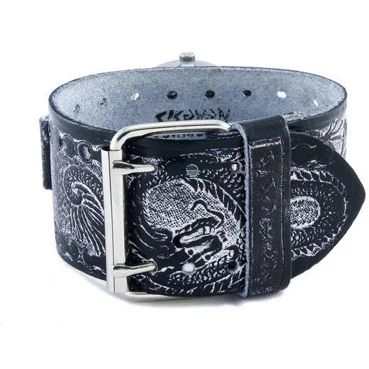 Dragon Head Black Watch with Dragon Print Black Leather Cuff