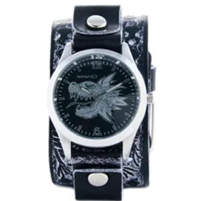 Dragon Head Black Watch with Dragon Print Black Leather Cuff