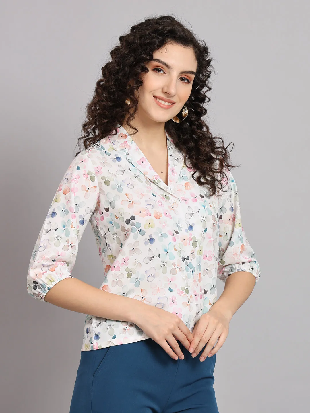 Floral Printed Regular Fit Notch Collar Shirt - White