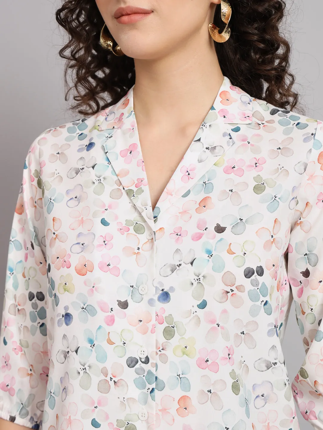 Floral Printed Regular Fit Notch Collar Shirt - White