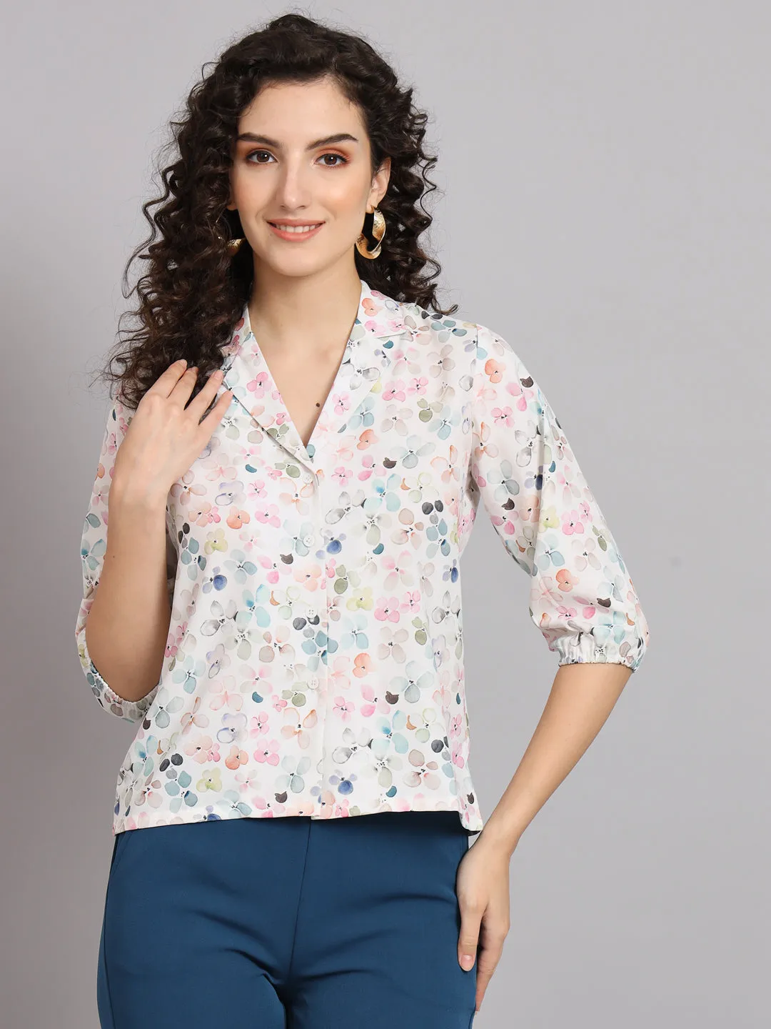 Floral Printed Regular Fit Notch Collar Shirt - White