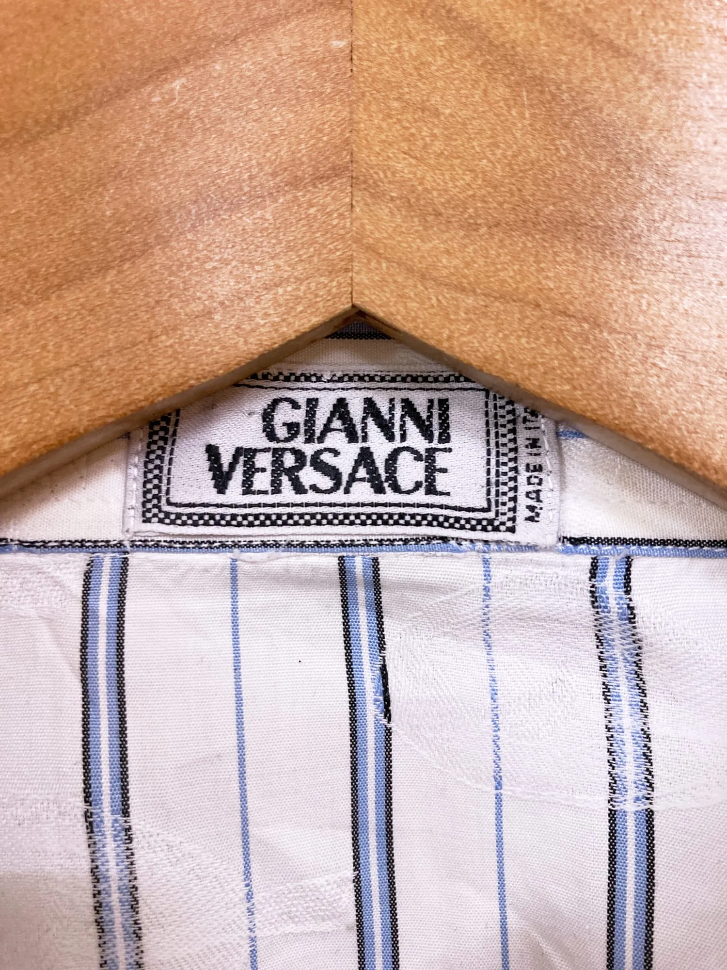 Gianni Versace 1980s white striped shirt with extremely subtle fish pattern