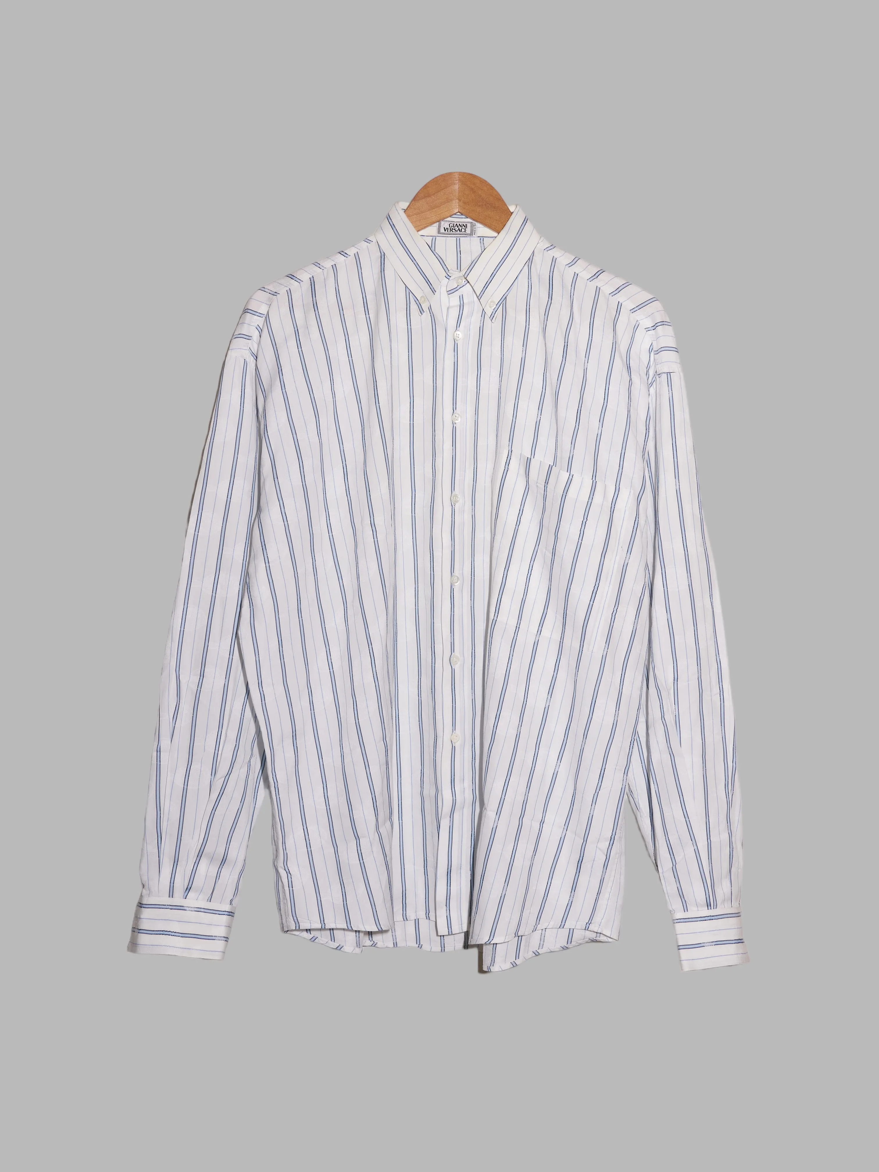 Gianni Versace 1980s white striped shirt with extremely subtle fish pattern