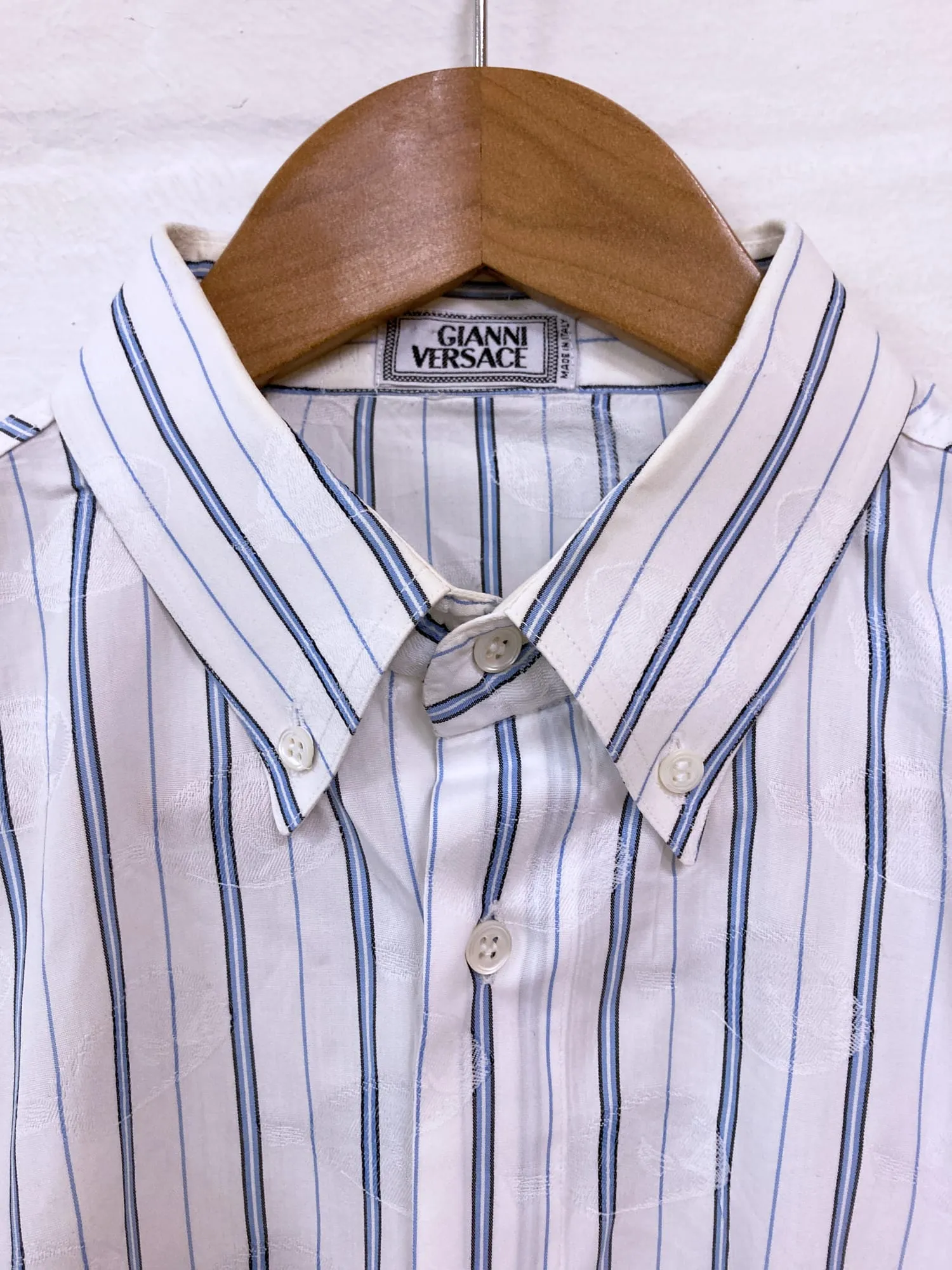 Gianni Versace 1980s white striped shirt with extremely subtle fish pattern