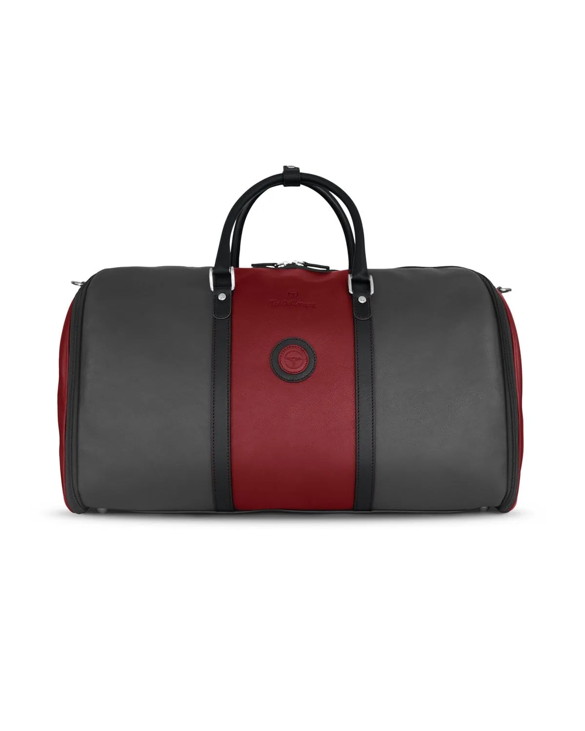 GLOBETROTTER - Full-grain Leather Weekender Garment Bag - Grey/Black/Red