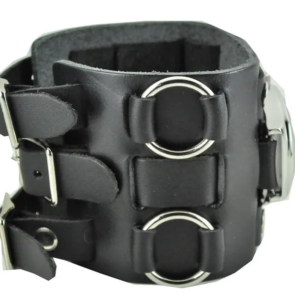 Gradient Black/Grey Watch with Bullet Ring Distressed Charcoal Leather Triple Strap Cuff