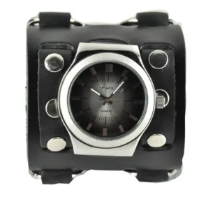 Gradient Black/Grey Watch with Bullet Ring Distressed Charcoal Leather Triple Strap Cuff