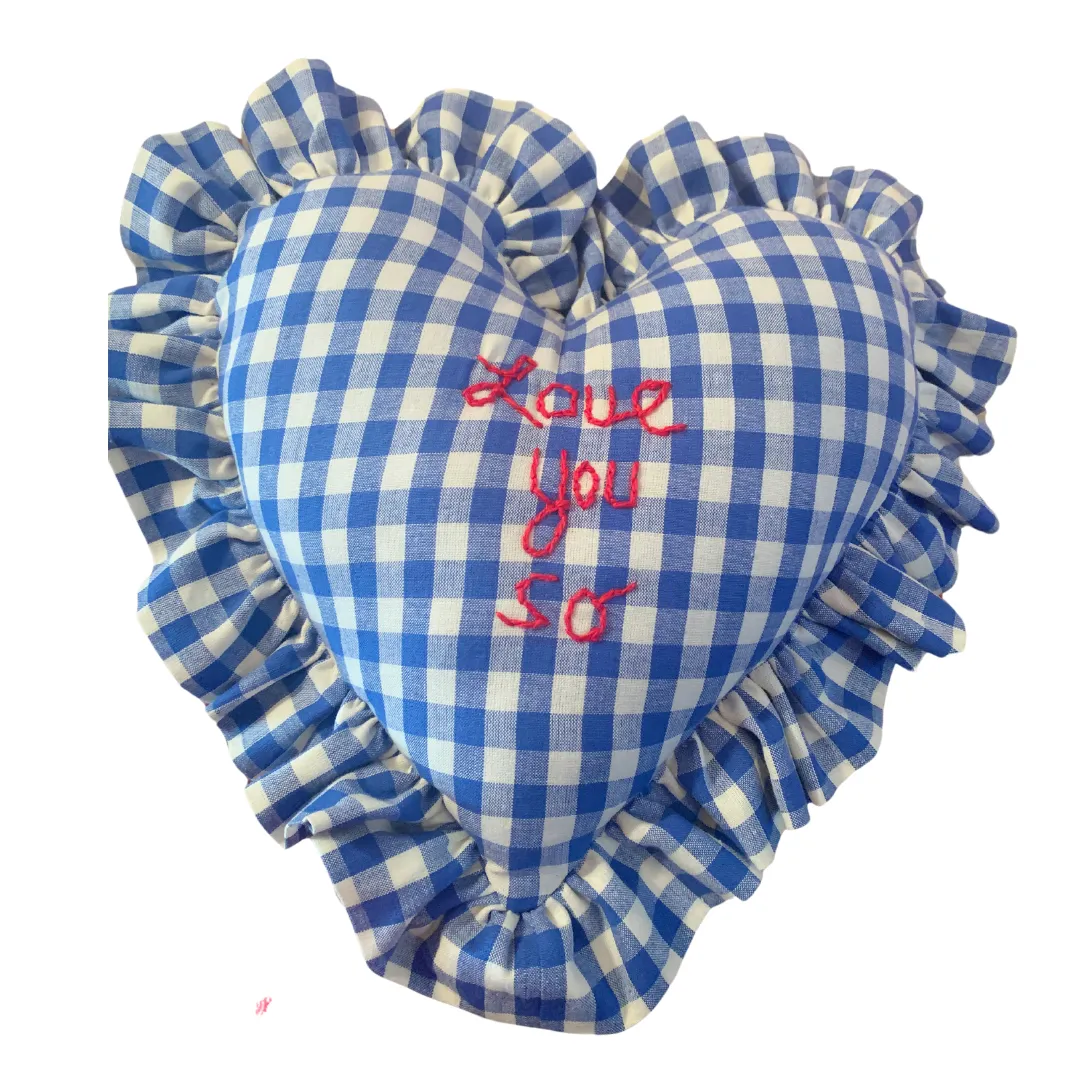 Heart Ruffle Pillow - Love You So - blue gingham