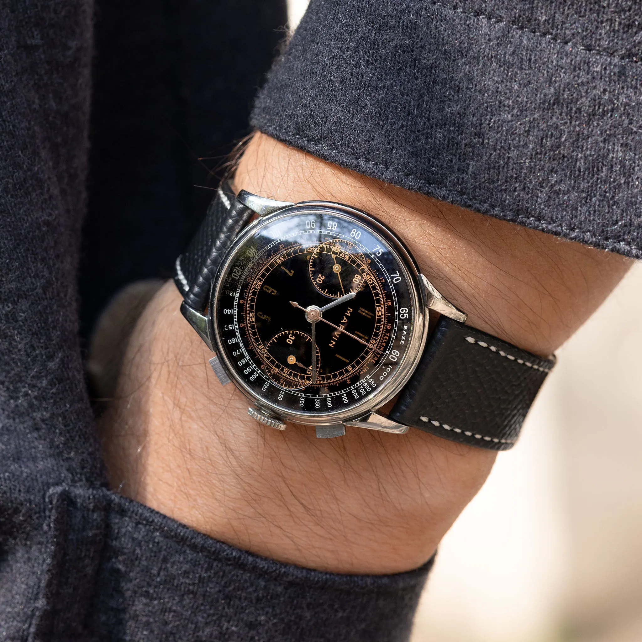 Marvin Chronograph Oversized Black Dial Multi-scale Valjoux 22 Chronograph