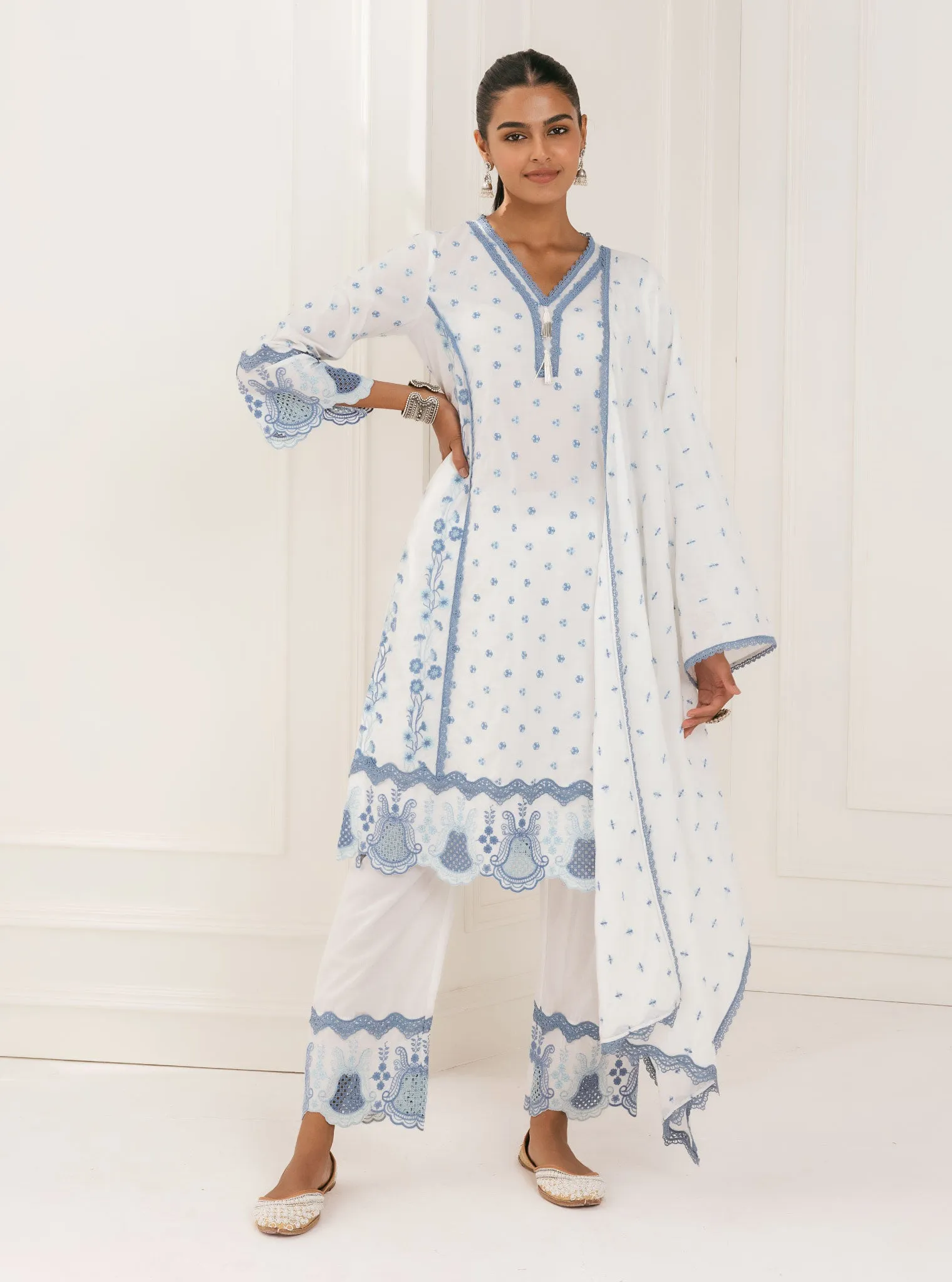 Mulmul Cotton Kalsi White Kurta With Kalsi White Palazzo