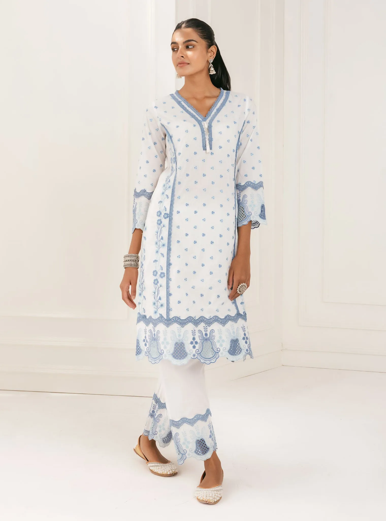 Mulmul Cotton Kalsi White Kurta With Kalsi White Palazzo