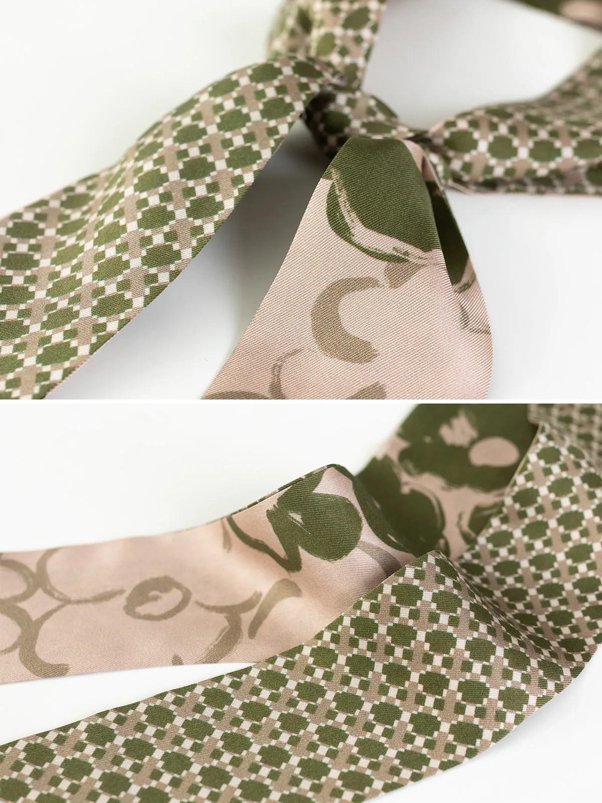 "Floral Houndstooth" Silk Skinny Scarf - Green