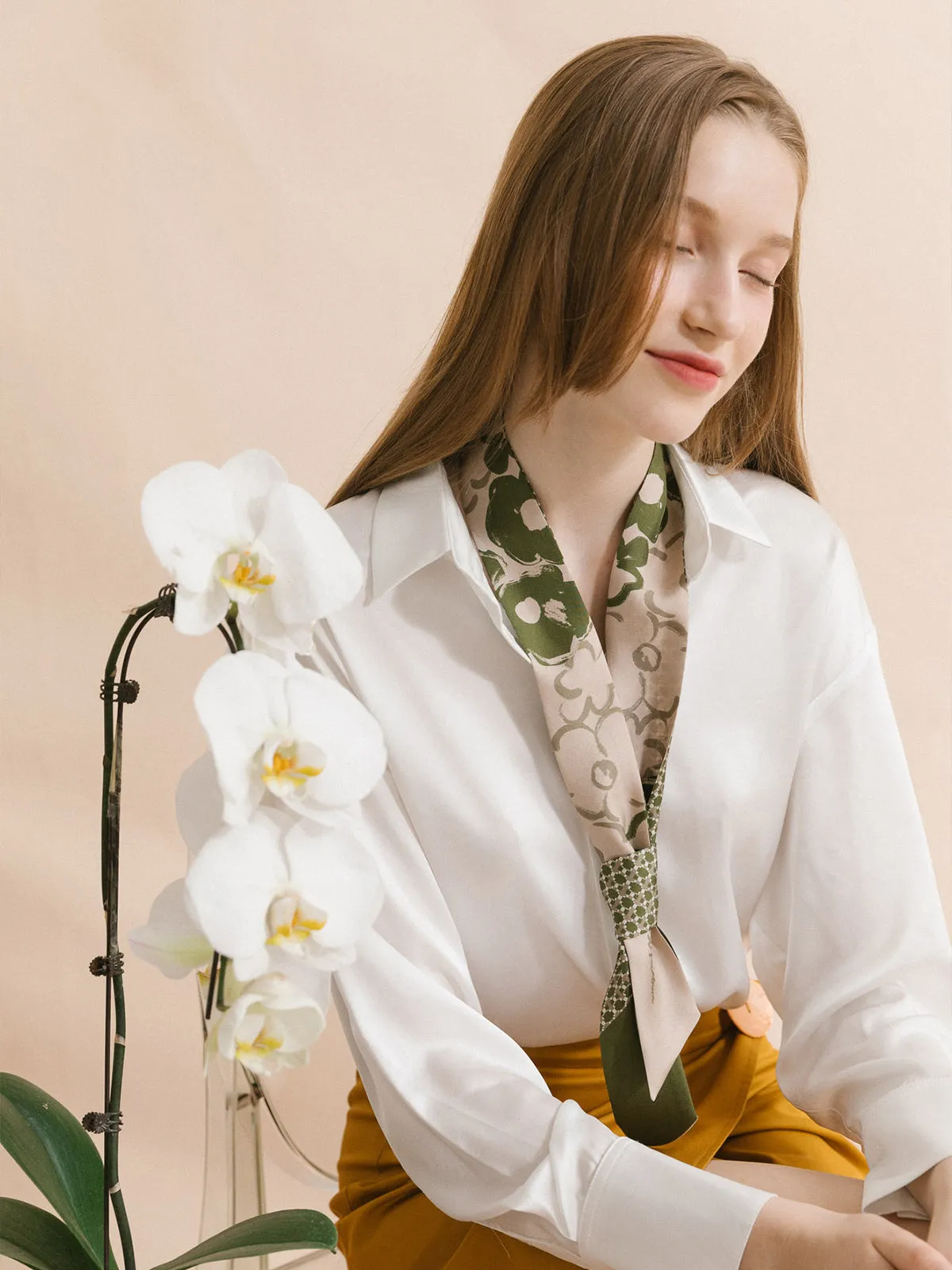 "Floral Houndstooth" Silk Skinny Scarf - Green