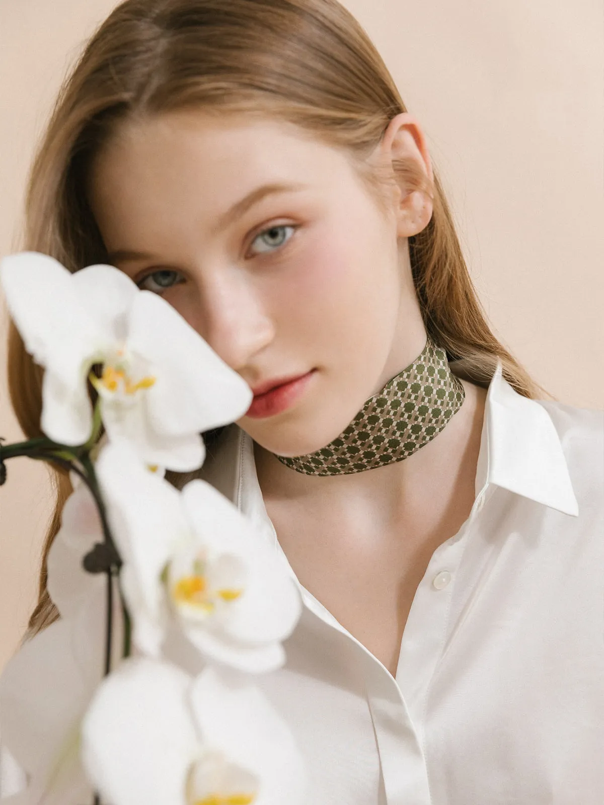 "Floral Houndstooth" Silk Skinny Scarf - Green