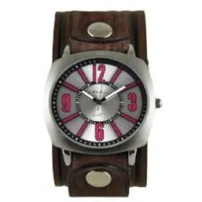 Silver/Pink Comely Watch with Brown Vintage Embossed Stripes Leather Cuff Band BVEB110P