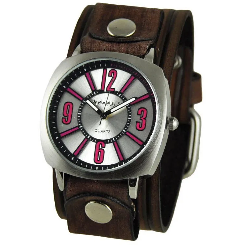 Silver/Pink Comely Watch with Brown Vintage Embossed Stripes Leather Cuff Band BVEB110P