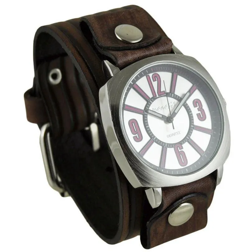 Silver/Pink Comely Watch with Brown Vintage Embossed Stripes Leather Cuff Band BVEB110P