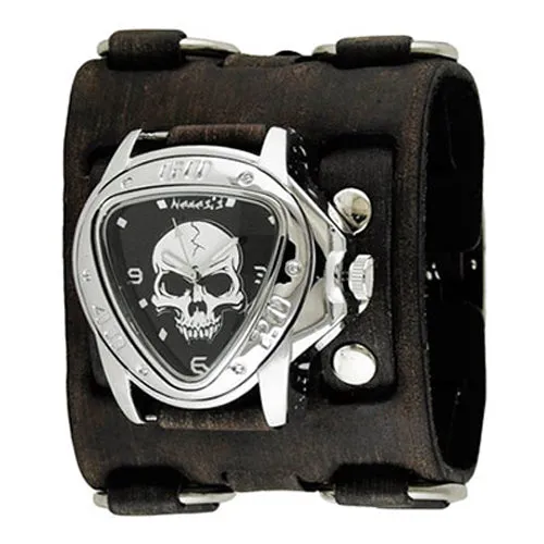 Skull Triangle Black Watch with Double Ring Distressed Black Leather Triple Strap Cuff