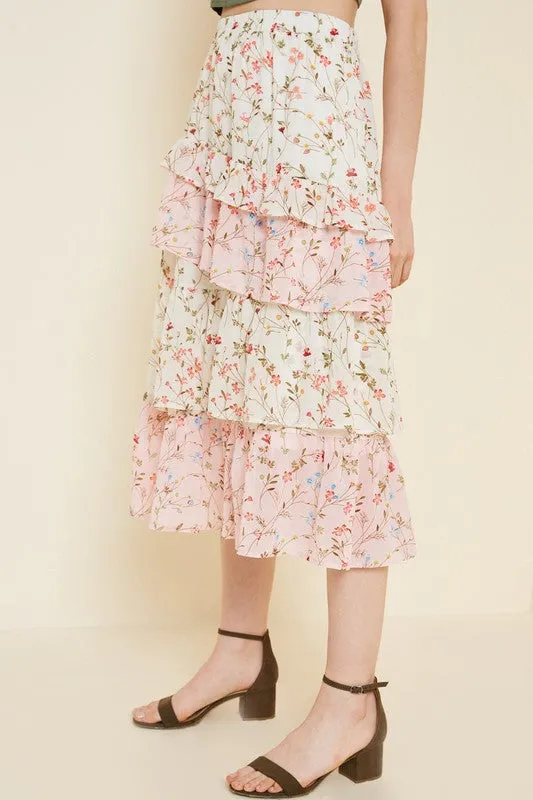 TIERED FLORAL MIDI SKIRT