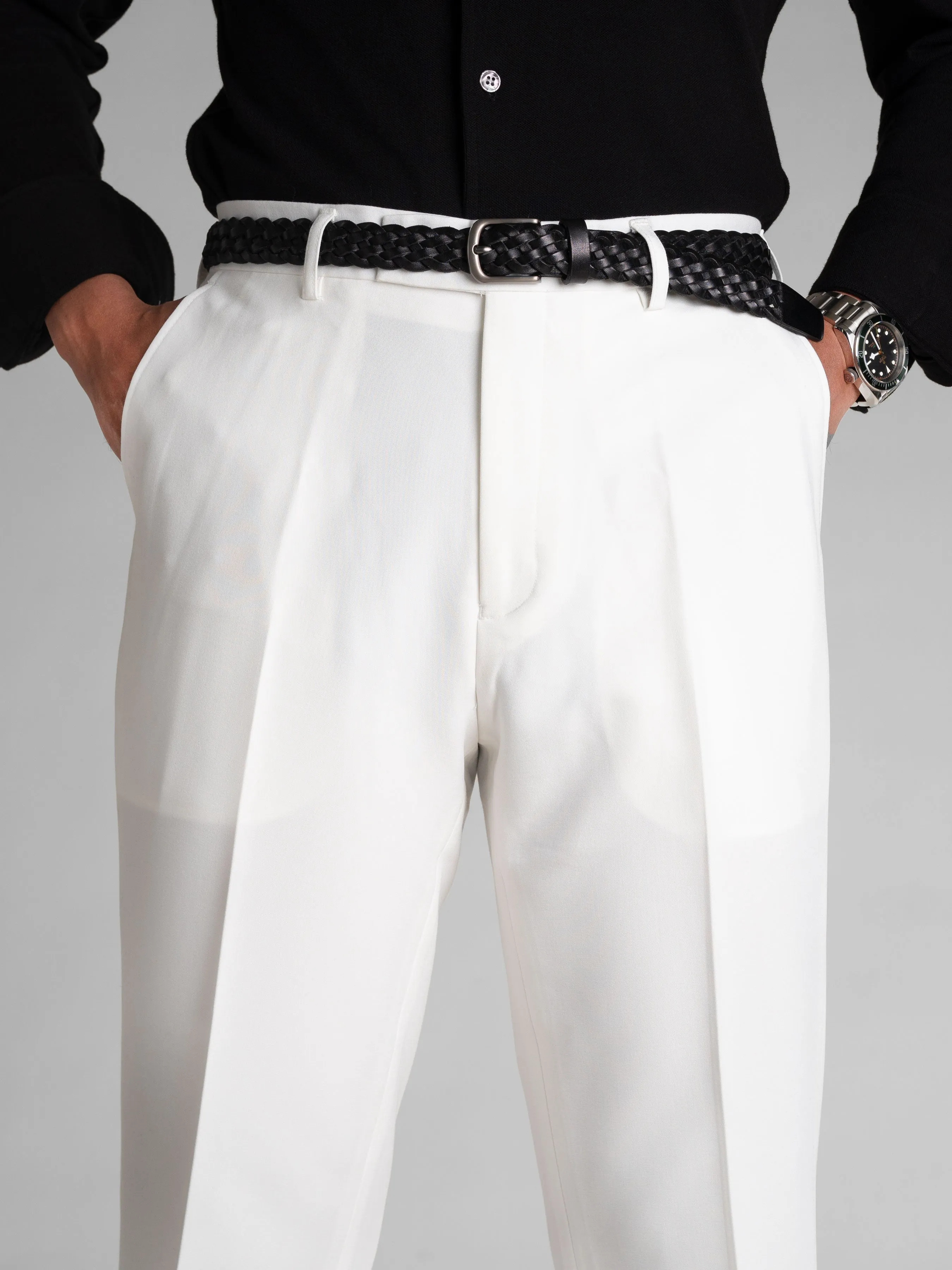 Trousers With Belt Loop - Pure White (Stretchable)