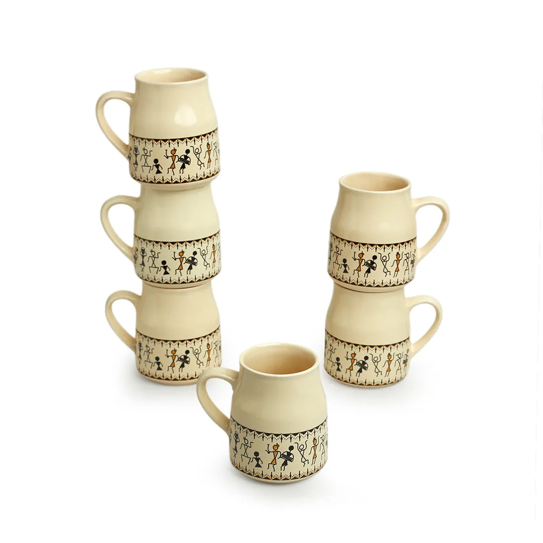 'Whispers of Warli' Handcrafted Ceramic Tea Cups (Set of 6, 140 ML, Microwave Safe)